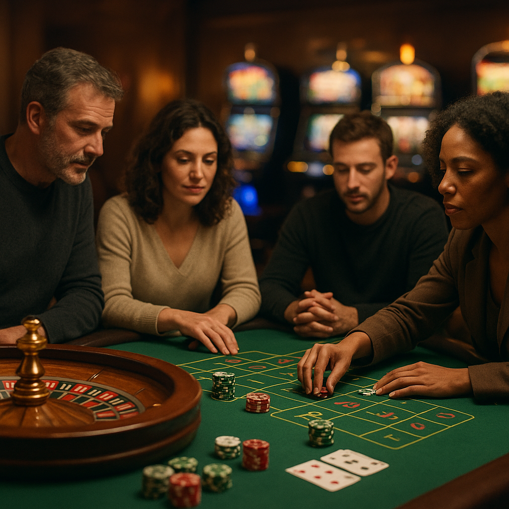 Adult players in Portugal enjoying slots, roulette and blackjack in a softly lit casino.