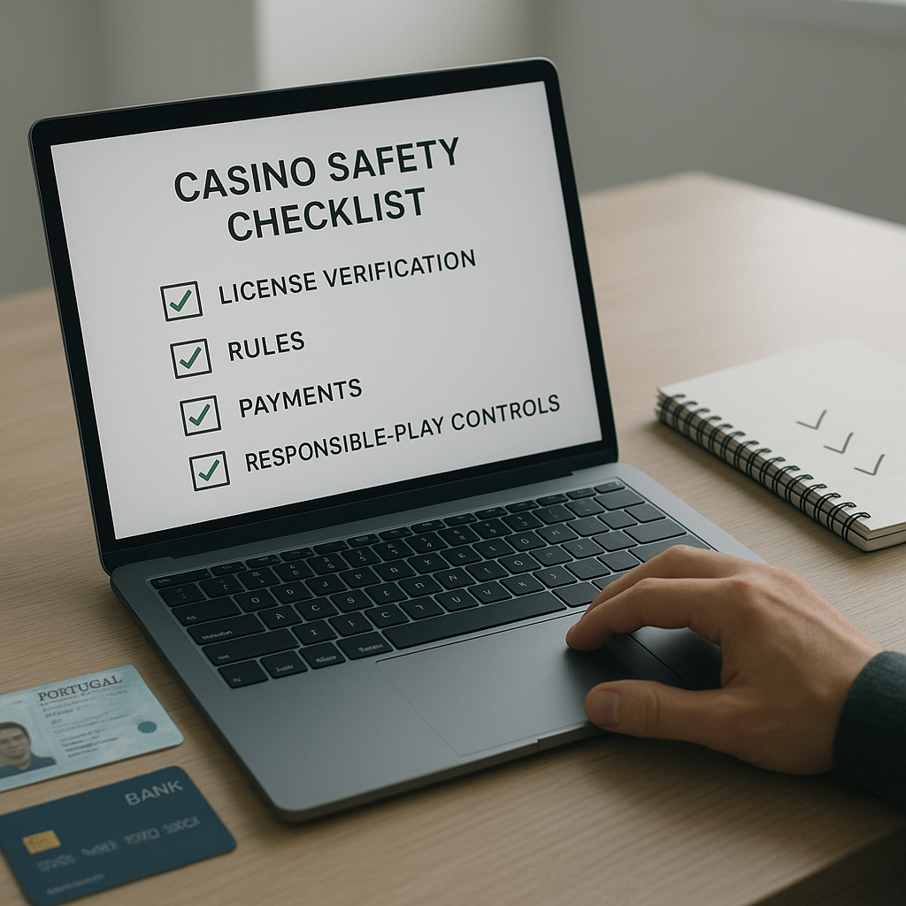 A person checks an online casino safety checklist on a laptop beside payment cards